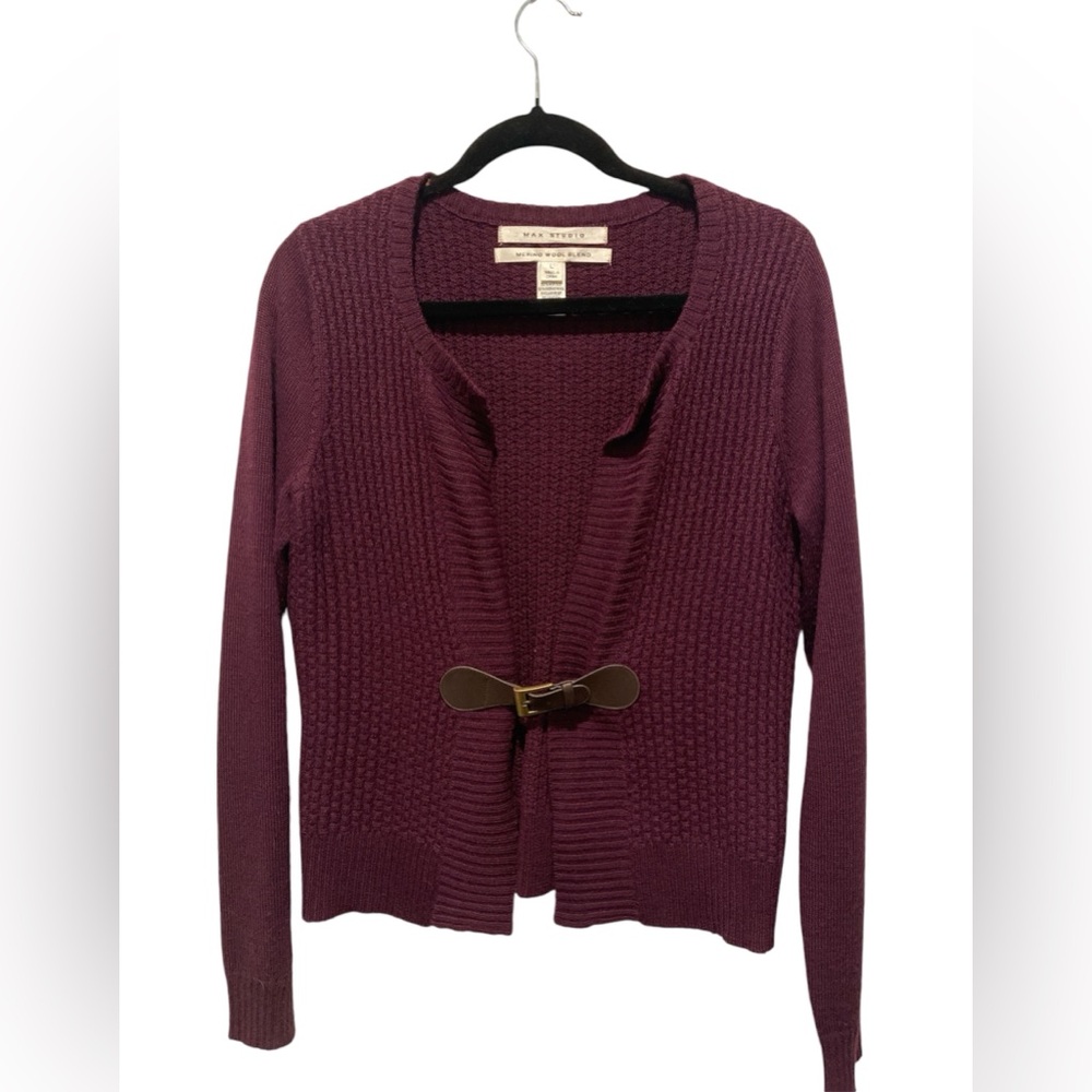 Max Studio Women’s  Merino Wool Blend Maroon Faux Leather Belt Cardigan Large
